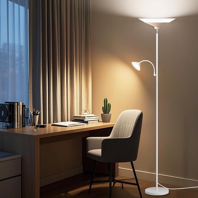 Torchiere Floor Lamp with Wood Grain Shade, 72" Dimmable LED Standing Lamp with Remote, 2-in-1 Floor Reading Lamp with Color Changing, 34W White Corner Lamp for Living Room Bedroom Office-Ruum Studio Home