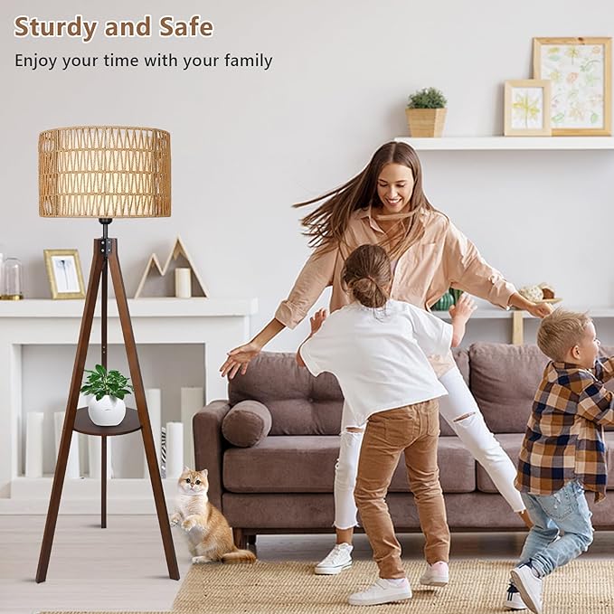 Boho Tripod Floor Lamp with Shelves, Mid Century Wood Standing Lamp with Rattan & Fabric Shades, ON/Off Foot Switch, Modern Farmhouse Tall Floor Lamps for Living Room Bedroom Office-Ruum Studio Home