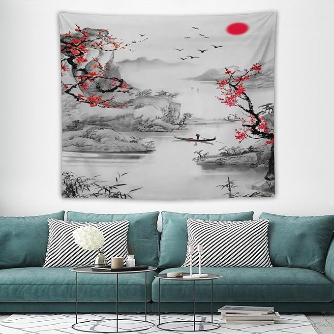Cherry Blossoms Tapestry,Japanese Red Landscape Watercolor Abstract Art Tapestry,Asian Japanese Wall Tapestry, Nature Landscape Tapestries for Bedroom Living Room Decor 60"x50"-Ruum Studio Home