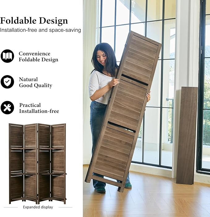 Partition Room Dividers, 67 * 51inch Folding Wood Privacy Screen with Three Display Shelves Suitable for Home Office, Study, Art Display - 4 Panel (Brown)-Ruum Studio Home