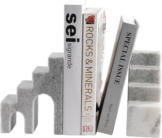 Natural Marble Book Ends for Shelves, Decorative Bookends for Heavy Books, CastleGuard Bookend Book Holder Stopper for Home Office Desk Bookshelf Decoration, Set of 2 (Mist Grey)-Ruum Studio Home