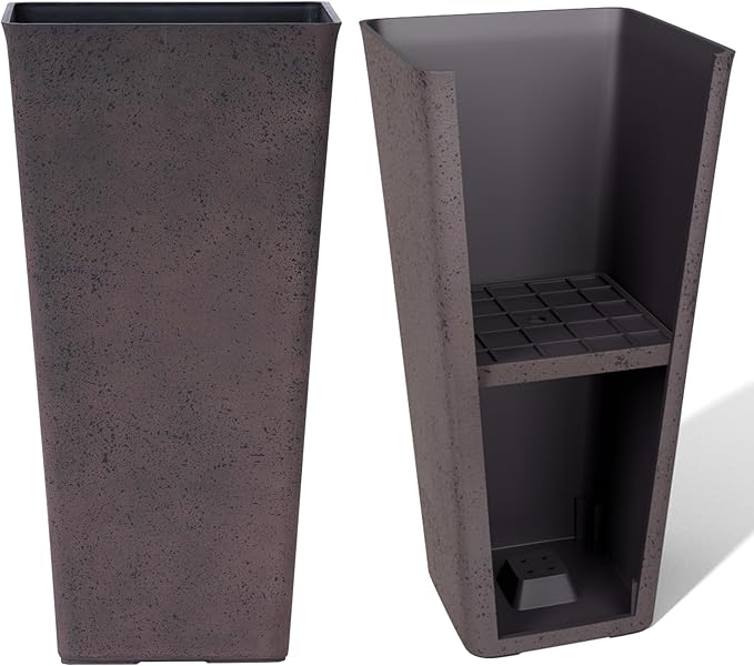 LA JOLIE MUSE 26 inch Tall Planters for Outdoor Plants,Set of 2 Tapered Planters with Trays,Iron Plastic Rectangular Tall Planters for Front Door, Patio and Deck, 26'' Iron With Tray-Ruum Studio Home