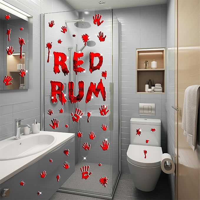 Halloween Decorations Stickers for Wall Bloody Handprint Decals for Bathroom Mirror Acrylic Halloween Party Supplies Decal Peel and Stick Scary Red Blood Stickers for Haunted House Party Home Office-Ruum Studio Home