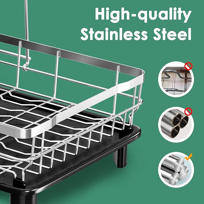 MOUKABAL Dish Drying Rack - 2 Tier Stainless Steel Dish Rack, Dish Racks for Kitchen Counter, Drying Rack Kitchen with Removable Utensil Holder and Drainboard (Black)-Ruum Studio Home