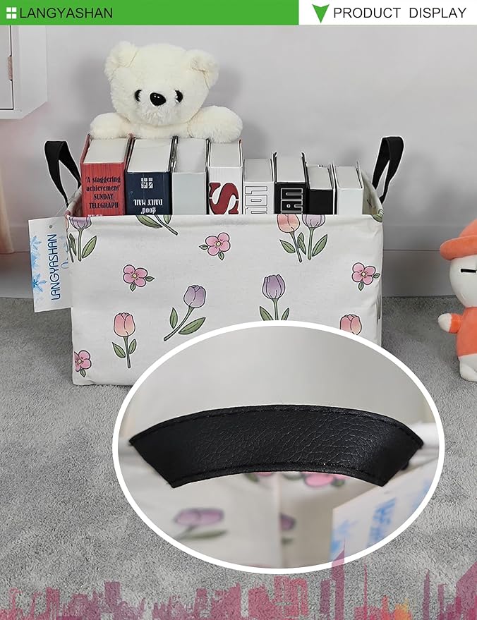 LANGYASHAN Rectangular Storage Bin Collapse Canvas Fabric Cartoon Storage Basket with Handles for Organizing Home Kitchen Boys and Girls Toys Office Closet Shelf Baskets (Rec Romantic Tulip)-Ruum Studio Home