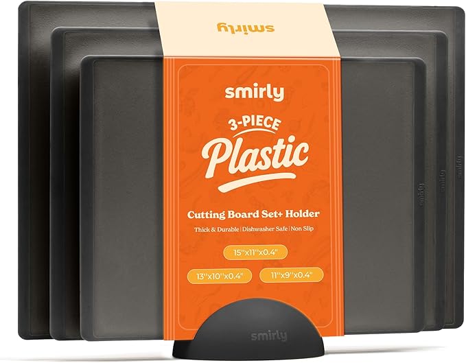 SMIRLY Plastic Cutting Board Set with Holder 3 Pieces, Non-Slip Dishwasher Safe Chopping Boards for Kitchen, Dark Grey-Ruum Studio Home