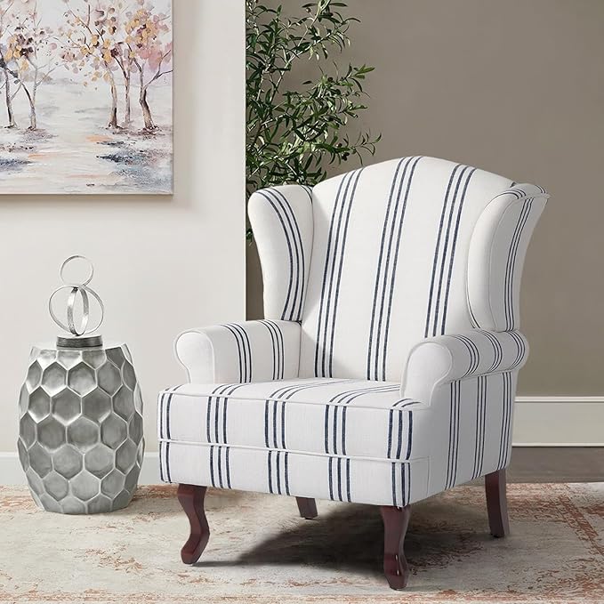Accent Chair, High Back Upholstered Armchair with High Resilience Sponge & Wood Legs, Mid-Century Modern Comfy Single Sofa Reading Chairs for Living Room, Bedroom (Stripe Navy, Set of 1)-Ruum Studio Home