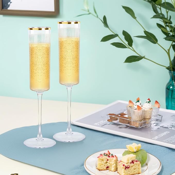 Ciaell 24 Pack Plastic Champagne Flutes - 6Oz Gold Rim Disposable Champagne Glasses - Square Clear Plastic Toasting Glasses for Party Birthday Anniversary Wedding-Ruum Studio Home