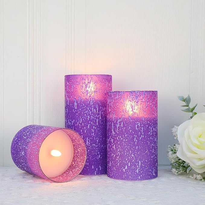 Purple Flameless Candles with Remote and Timer, Flickering Real Wax Battery Operated Candles, Set of 3 LED Pillar Candles for Halloween Christmas Wedding Home Decor-Ruum Studio Home