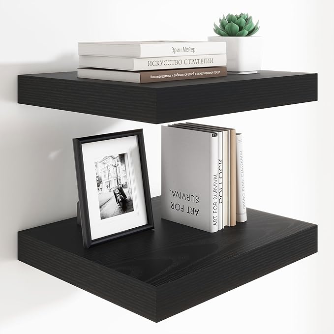 Heimlove 12 Inch Deep Floating Shelves, 16 x 12 inches Long Wall Shelf, Large Extra Display Shelf & Storage Shelf, Rustic Wood Wall Shelves for Fireplace Mantel, Black - 2Pack-Ruum Studio Home