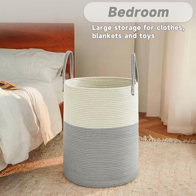 Large Woven Laundry Basket Hamper,100L Cotton Rope Storage Bin for Blankets,Toys and Clothes,Decorative Tall Nursery Hamper for Living Room,Baby Nursery,Bathroom and Bedroom,White and Grey-Ruum Studio Home