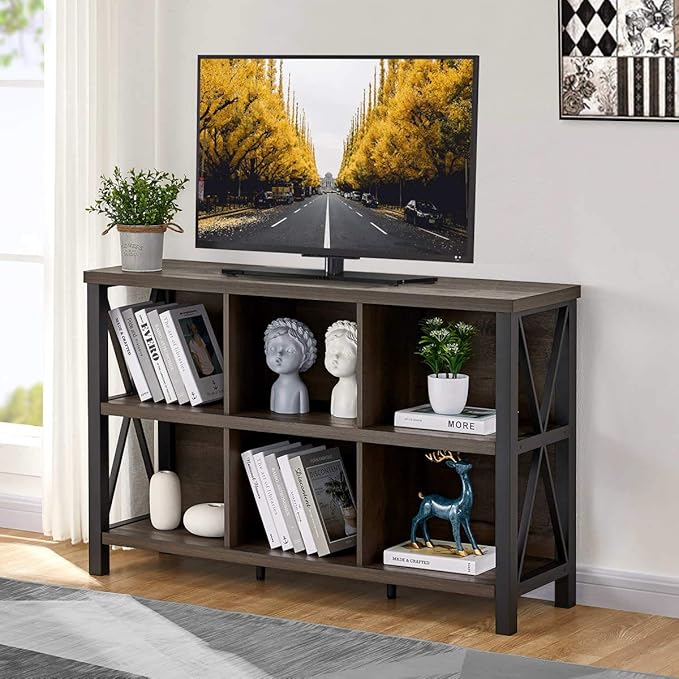 FATORRI Rustic 6 Cube Storage Organizer with Shelf, Wood and Metal Cubby Bookcase, Industrial Horizontal Bookshelf for Living Room, Home Office (Walnut Brown, 47 Inch)-Ruum Studio Home