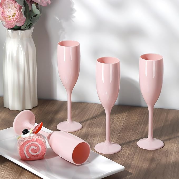 XUWAIDSGN Acrylic Champagne Flutes Toasting Glasses Unbreakable Mimosa Bar Reusable Wine Glasses Vintage Champagne Flutes Stemmed Drinking Cups 5.4 OZ for Christmas Birthday (100, Pink)-Ruum Studio Home