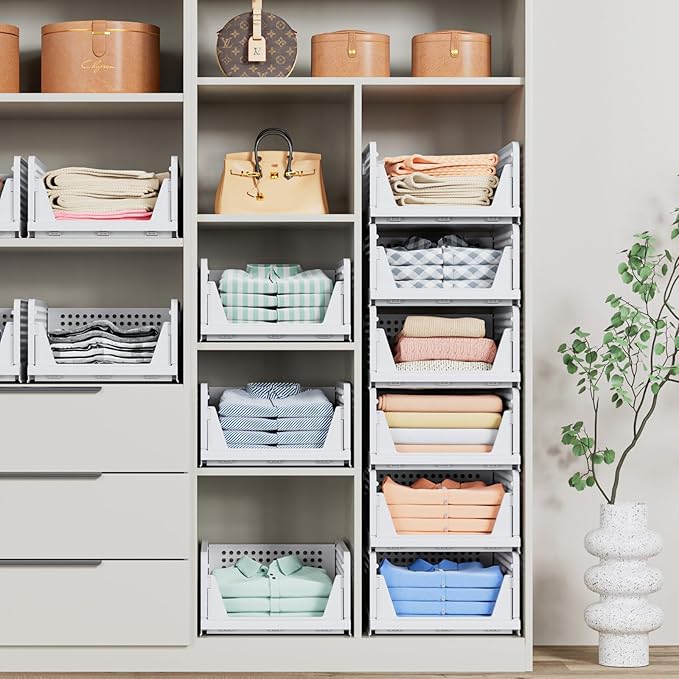 5 Pack Stackable Closet Storage Basket - Stackable Storage Bins, Multifunctional & Foldable Closet Organizer, Wardrobe Cupboard Space-Saving Hat Storage Drawer Organizer, White-Ruum Studio Home