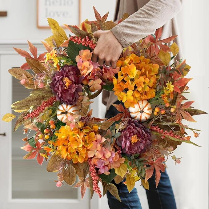 WANNA-CUL 24 Inch Fall Wreaths for Front Door with Hydrangea,Peony and White Pumpkins-Fall Decorations for Home, Fall Door Wreath Decor for Autumn,Harvest, Halloween or Thanksgiving-Ruum Studio Home