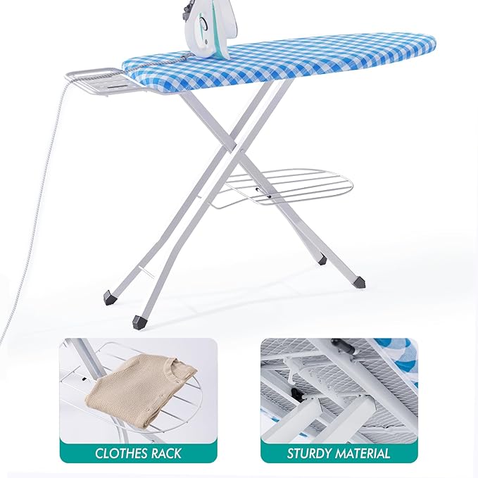 Ironing Board, Heat Resistant Cover Iron Board with Steam Rest, Non-Slip Foldable Ironing Stand. Heavy Sturdy Metal Frame Legs Iron Stand(13 * 34 * 53 Inches) (Blue White)-Ruum Studio Home