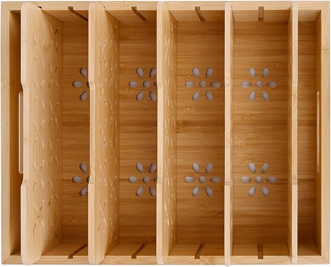Natural Bamboo Storage Tray with 5 Custom Dividers, Deep Drawer Organizer for Kitchen, Small Cabinets, Home Office & Living Room-Ruum Studio Home