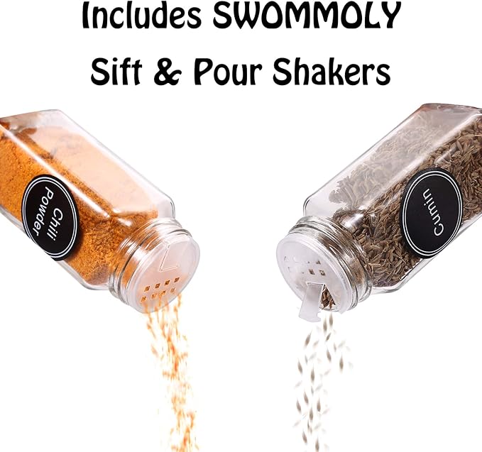 SWOMMOLY Spice Rack Organizer with 36 Empty Square Spice Jars, 396 Spice Labels with Chalk Marker and Funnel Complete Set, for Countertop, Cabinet or Wall Mount,Silver-Ruum Studio Home