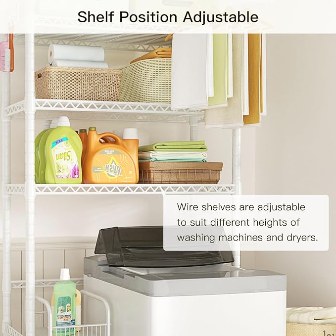 Ulif U11 Over Washer and Dryer Shelves, 3 Tiers Laundry Room Storage and Organizer Standing Shelf, Metal Freestanding Clothes Drying Rack, 33.9" W x 19.7" D x 77.6" H, White-Ruum Studio Home