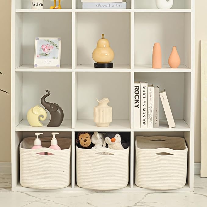 Large Storage Baskets for Organizing Shelves, Woven Cotton Rope Bins for Baby Nursery Organization, Book Toy Towel Organizer, 17"x13"x9.5", 3 Packs, Off White-Ruum Studio Home
