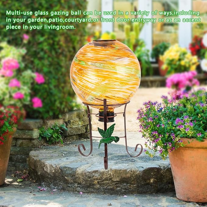 10" Diameter Solar Gazing Ball and 8.5" Metal Stand Indoor Outdoor Garden Ornament Glass Globe Sphere Yard Art Gazing Globe for Garden,Home,Lawn,Porch,Patio Birthday Gift for Women(Orange)-Ruum Studio Home