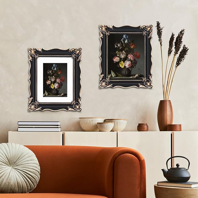 8x10 Vintage Picture Frame with Embossed Flower Design, Black Ornate Frame for 8x10 or 5x7 Pictures with White Mat, Hand-Crafted Resin Antique Frames for Tabletop & Wall Hanging, Home Decor (Black)-Ruum Studio Home
