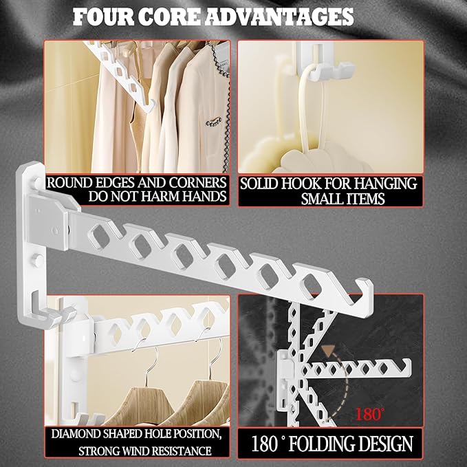 Dr.DJ Wall Mount Coat Hanger Holder White Clothes Drying Organizer Rack Garment Hooks Aluminium Retractable Folding Indoor Wall Mounted Hanger Space Saver for Laundry Room Bedroom White 2Pack-Ruum Studio Home