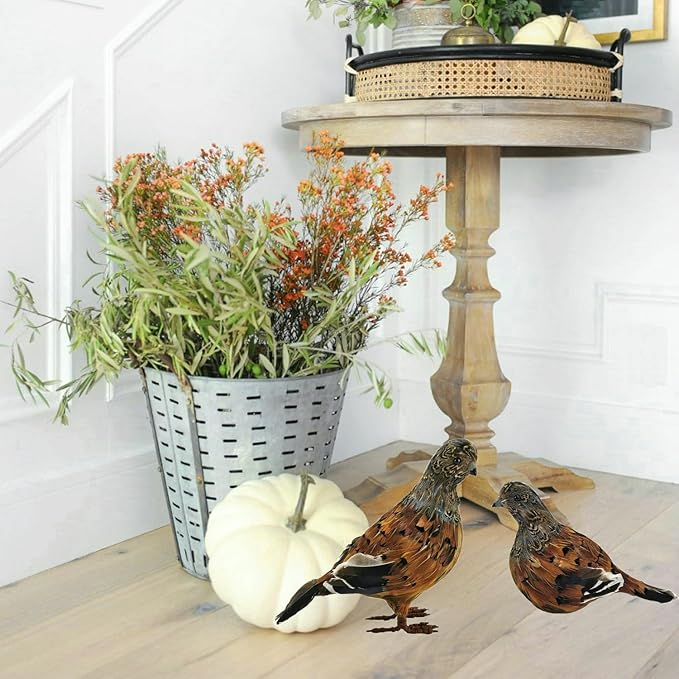 naturevibe 7.5 Inches Feathered Quail Set of 2 Fall Decorations,Artificial Woodland Animals Fall Figurines with Natural Feather as Centerpiece Table Decorations or Autumn Harvest Decor-Ruum Studio Home