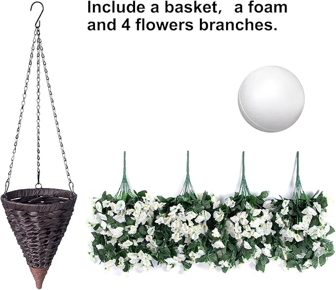 Artificial Faux Hanging White Flowers Plants Basket for Outdoor Outside, Fake UV Resistant Realistic White Morning Glory Flowers for Porch Home Balcony Yard Patio Decoration-Ruum Studio Home