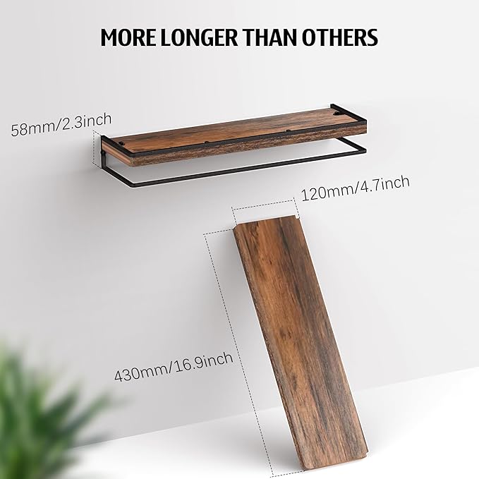 Meangood Floating Shelves Wall Mounted Set of 2, Wall Shelf with Towel Bar Rustic Wood Wall Storage Shelves for Bedroom,Living Room,Bathroom, Kitchen Rustic Brown-Ruum Studio Home