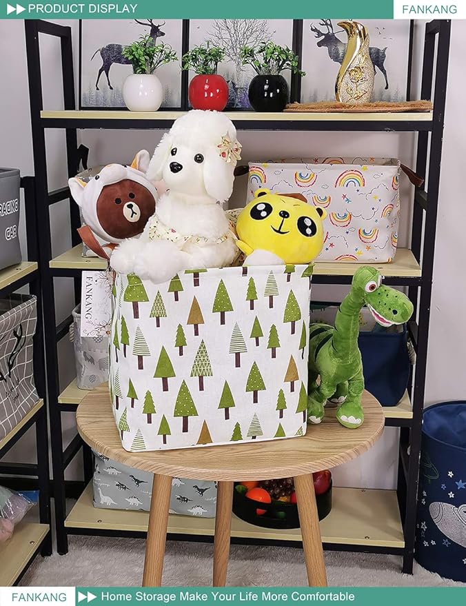FANKANG Square Nursery Hamper Storage Bins Canvas Laundry Basket Foldable with Waterproof PE Coating Large Storage Baskets Gift Baskets for Children Office Bedroom ClothesToys (SquareGreen forest)-Ruum Studio Home