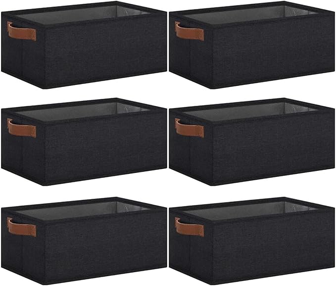 GhvyenntteS Small Fabric Storage Bins 6 Pack, 11.8" x 7.87" x 5.11" Storage Basket with Leather Handles, Closet Storage Bins for Shelves, Storage Baskets for Shelves, DVD Storage (Black)-Ruum Studio Home