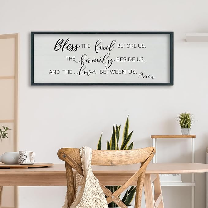 SRSZHIYUE Bless the Food Before Us Wall Sign Decor 40"×15" Christian Bible Verse for Farmhouse Rustic Kitchen Dining Room Framed Wood Scripture Religious Jesus Prayer Wall Art (Black)-Ruum Studio Home