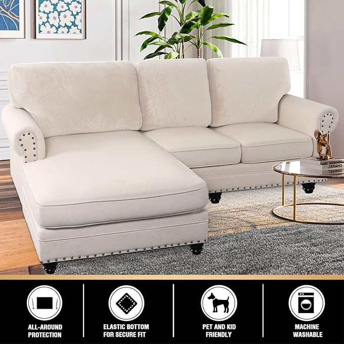 PrinceDeco Sectional Couch Covers Velvet Cushion Covers for Sectional Couch Cushion Covers for Sectional Sofa Separate Sectional Sofa Slipcovers Washable(1 Chaise Back+ 2 Sofa Back,Ivory)-Ruum Studio Home
