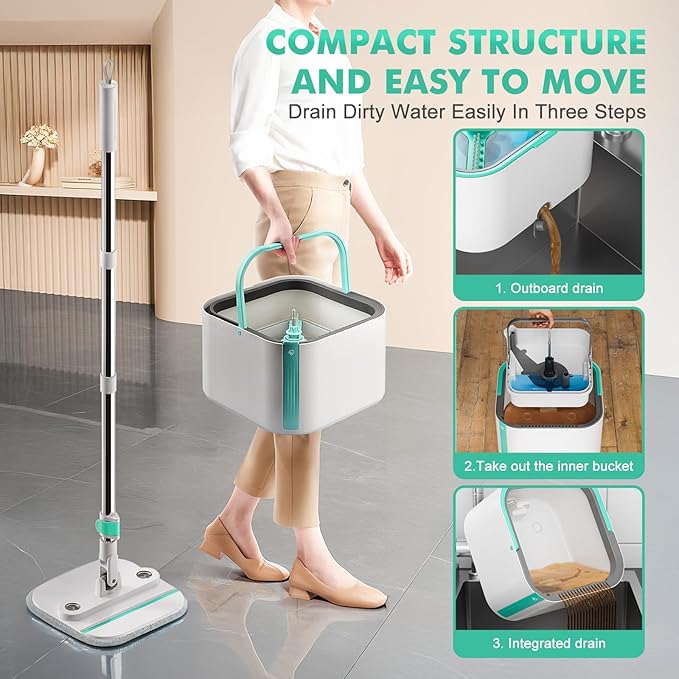 Upgraded Spin Mop and Bucket Self-Standing Mop Bucket Separate Dirty and Clean Water System Self Wringing 360° Rotating Clean Mop and Bucket Set with14Pads Mop-Blue-Ruum Studio Home
