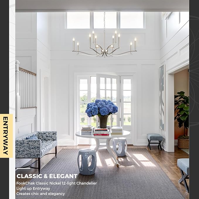 12 Light Nickel Living Room Chandelier High Ceiling Foyer Candle Chandelier Large Modern 44in Metal Chandeliers Hanging Light for Master Bedroom Dining Room Light Fixture Over Table-Ruum Studio Home