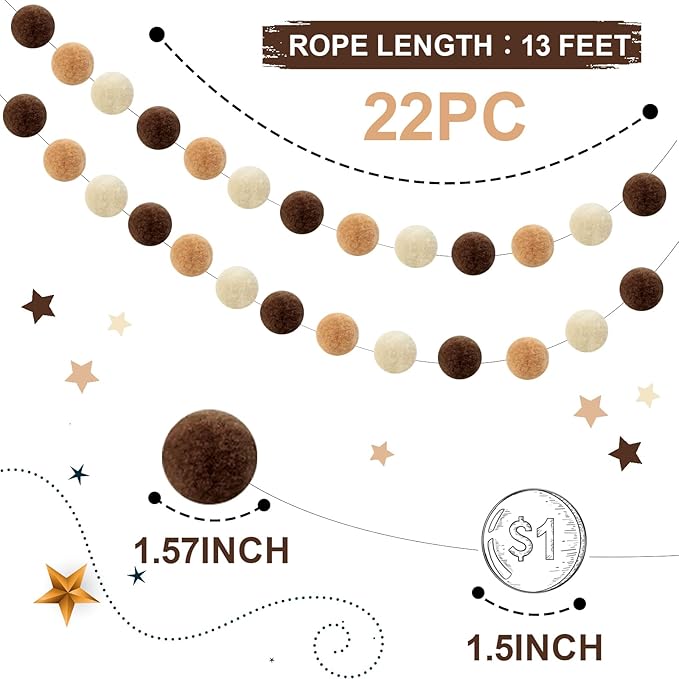 TBD Decor 2pk Pom Pom Garland 13FT Colorful Large Felt Ball Garland Fall Decoration for Mantle,Indoor Holiday Wedding Birthday Party Supplies(White Brown,4cm)-Ruum Studio Home