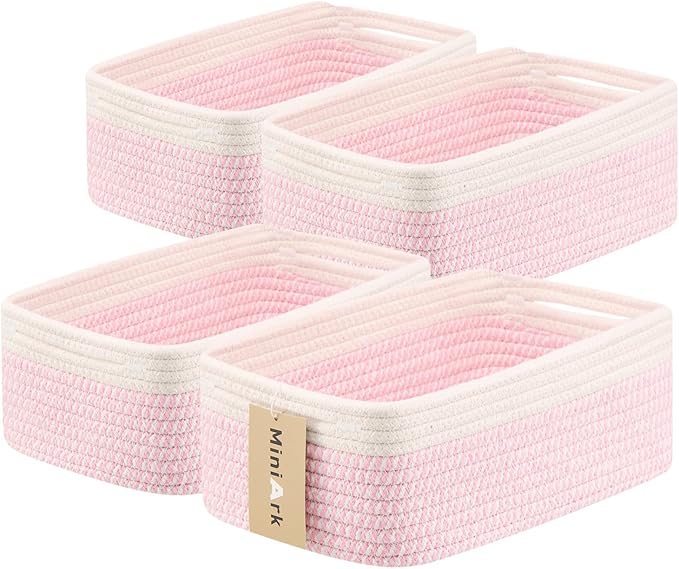Small Storage Baskets for Organizing | Closet Organizer Bins | Shelf Toy Basket | Woven Rope Baskets | Cube Decorative Box | Shallow Basket | 13x8.5x5.1” | 4 Packs White Pink-Ruum Studio Home