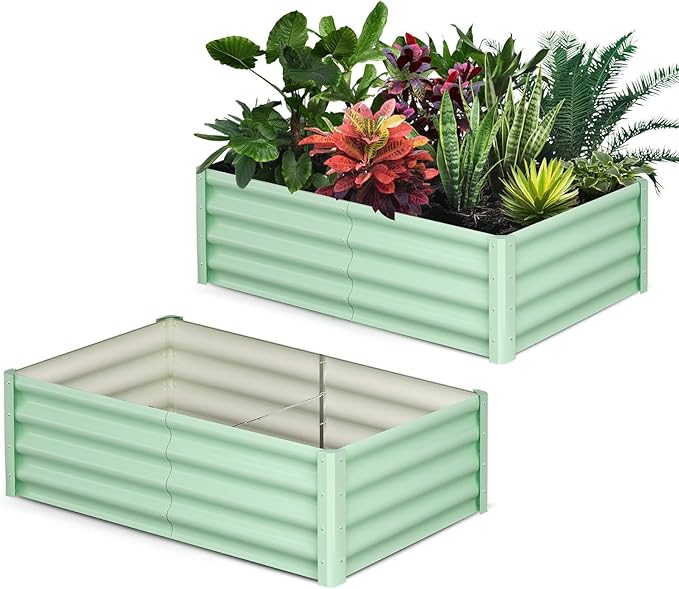 6x3x1ft Large Outdoor Planter Boxes Kit Set of 2, Galvanized Raised Bed Planter with Open-Ended Base Design, Elevated for Outdoor Plants, Durable Raised Bed for Gardening,Green-Ruum Studio Home