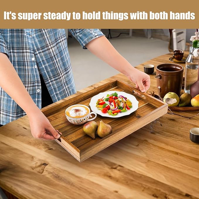 Acacia Wood Serving Tray with Handles - 17-Inch Large Wooden Tray for Ottoman - Perfect for Breakfast, Lunch, Dinner, Appetizers, Patio, Ottoman, Coffee Table,BBQ, Party – Great for Lap &Couch ﻿-Ruum Studio Home