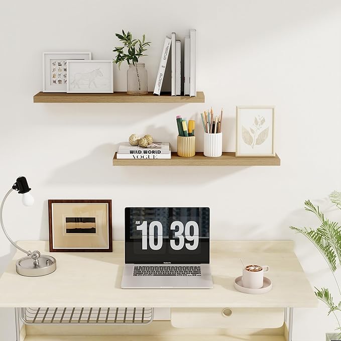 Fun Memories 30" Rustic Wood Deep Floating Shelves for Wall, Invisible Brackets for Decor & Storage, Living Room, Bathroom (Oak, Set of 2)-Ruum Studio Home