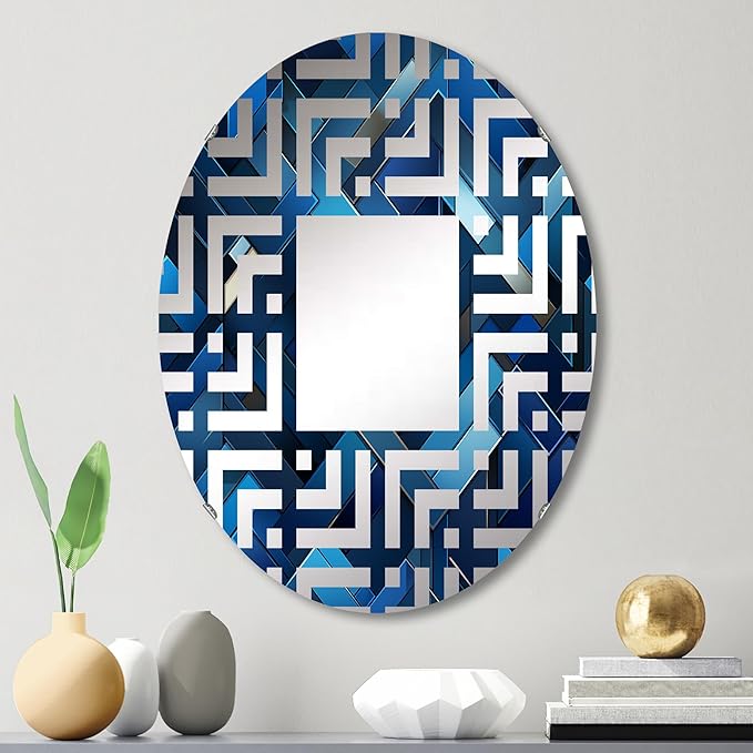 Symmetric Cubes in Deep Cobalt Blue - Geometric Maze - 24x36 Inches - Oval Decorative Wall Mirror for Bathroom, Bedroom, Entryway, Living Room, Vanity Room and Modern Décor-Ruum Studio Home