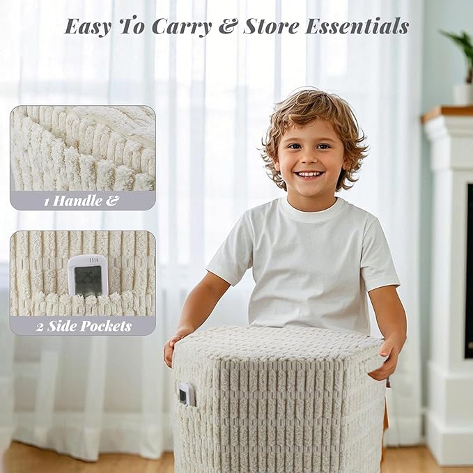 Hexagon Pouf Ottoman Stuffed with 2 Pockets & Handle, Comfort Corduroy Poufs, Non-Slip Foot Stool Storage Ottoman, Foam Floor Poufs Foot Rest for Couch, Bedroom (Beige)-Ruum Studio Home