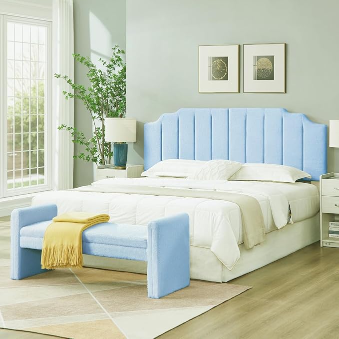 24KF Light Blue Teddy Fabric Tufted King Upholstered Headboard, Modern Vertical Channel Design California King Headboard with Stepped Silhouette Top Edge,6026-K-Teddy Light Blue-Ruum Studio Home