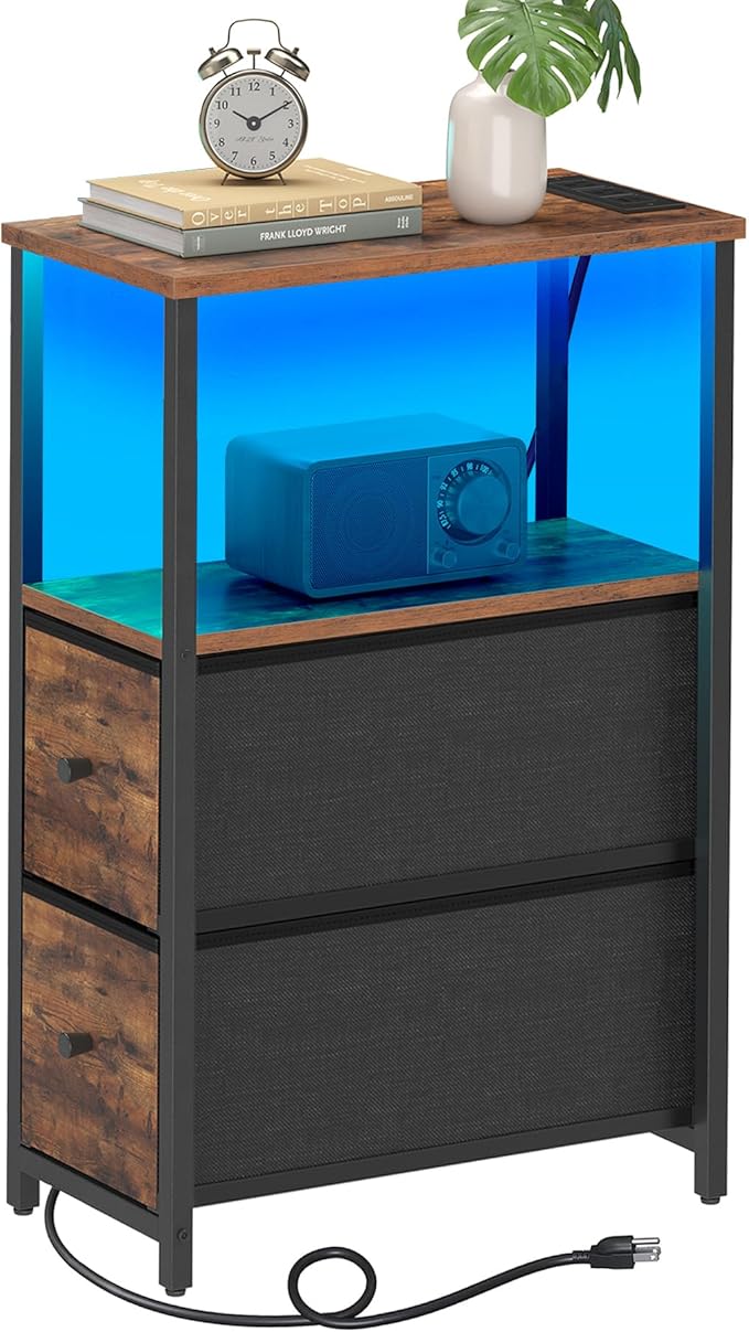 TUTOTAK Small Narrow LED End Table with Charging Station, Side Table Outlets, Nightstand with 2 Cloth Drawers, Couch Table, for Living Room, Bedroom, Bedside, Brown TB01BB085L-Ruum Studio Home