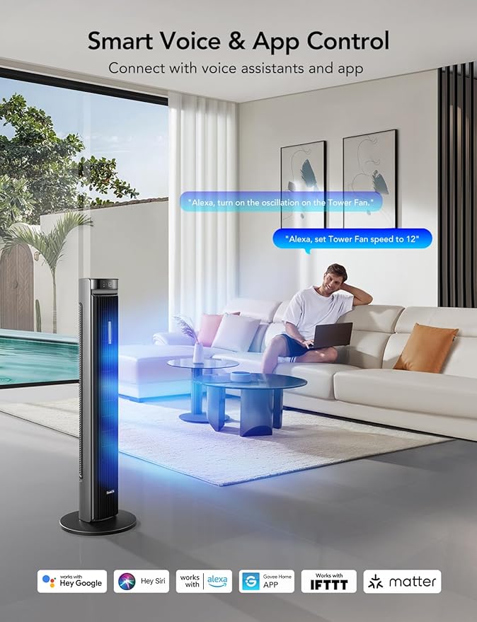 GoveeLife 42'' Tower Fan for Bedroom, Smart Floor Fans with 150° Adjustable Oscillating, APP & Voice Control, 5 Modes 12 Speeds up to 26ft/s, 24H Timer, 27dB Quiet Fan for Cooling Home Office Silver-Ruum Studio Home
