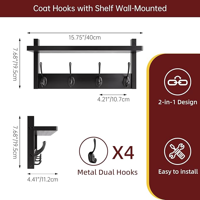Coat Rack with Shelf, 2 Pack Bamboo Wall-Mounted Coat Hanger with 8 Hooks for Entryway, Hallway, Kitchen, Bathroom, Living Room, Utility Room (Black)-Ruum Studio Home