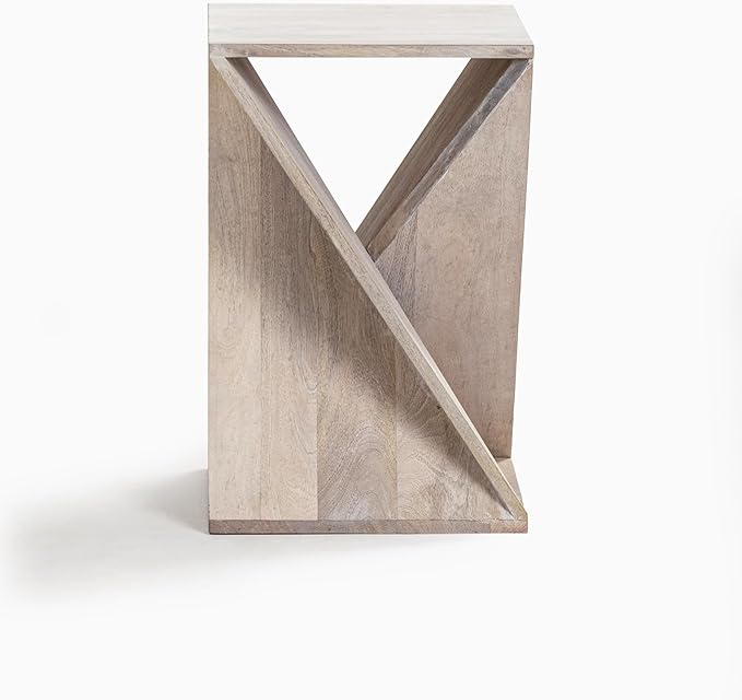 Modern Hand Made One-of-a-Kind Carved Mango Wood End Table, Farmhouse Side Table,Farmhouse End Table,Living Room,Bedroom, Accent Table, Contemporary Architectural Designed Whitewash,Assembled-Ruum Studio Home