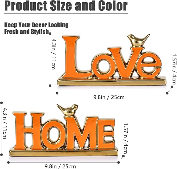 Love Sign Decoration - Orange & Gold Signs for Home Decor, Personalized Love Decor with Gold Bird Sculpture (2 Pcs)-Ruum Studio Home