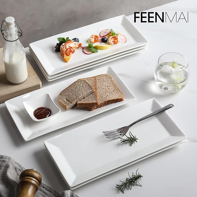12" Serving Platters Set of 4, White Rectangular Plates, Ceramic Serving Tray, Stackable Large Party Plates for Appetizer, Dessert, Steak, Sushi, Housewarming, Oven Dishwasher Safe-Ruum Studio Home
